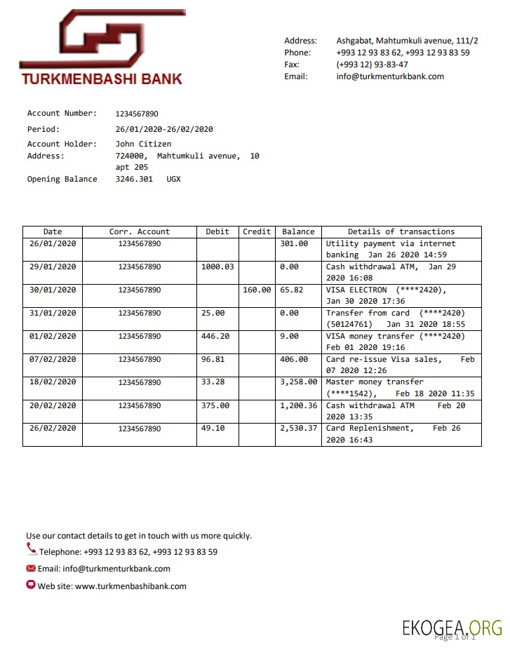 Modèle de relevé bancaire Turkmenistan Turkmenbashi Bank, format Word et PDF (.doc et .pdf)
